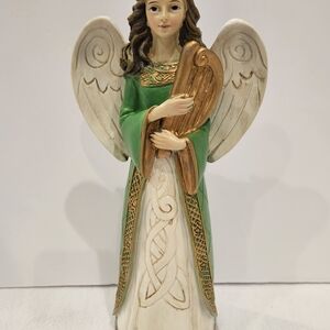 Green and Ivory Angel Figurine with Gold Harp